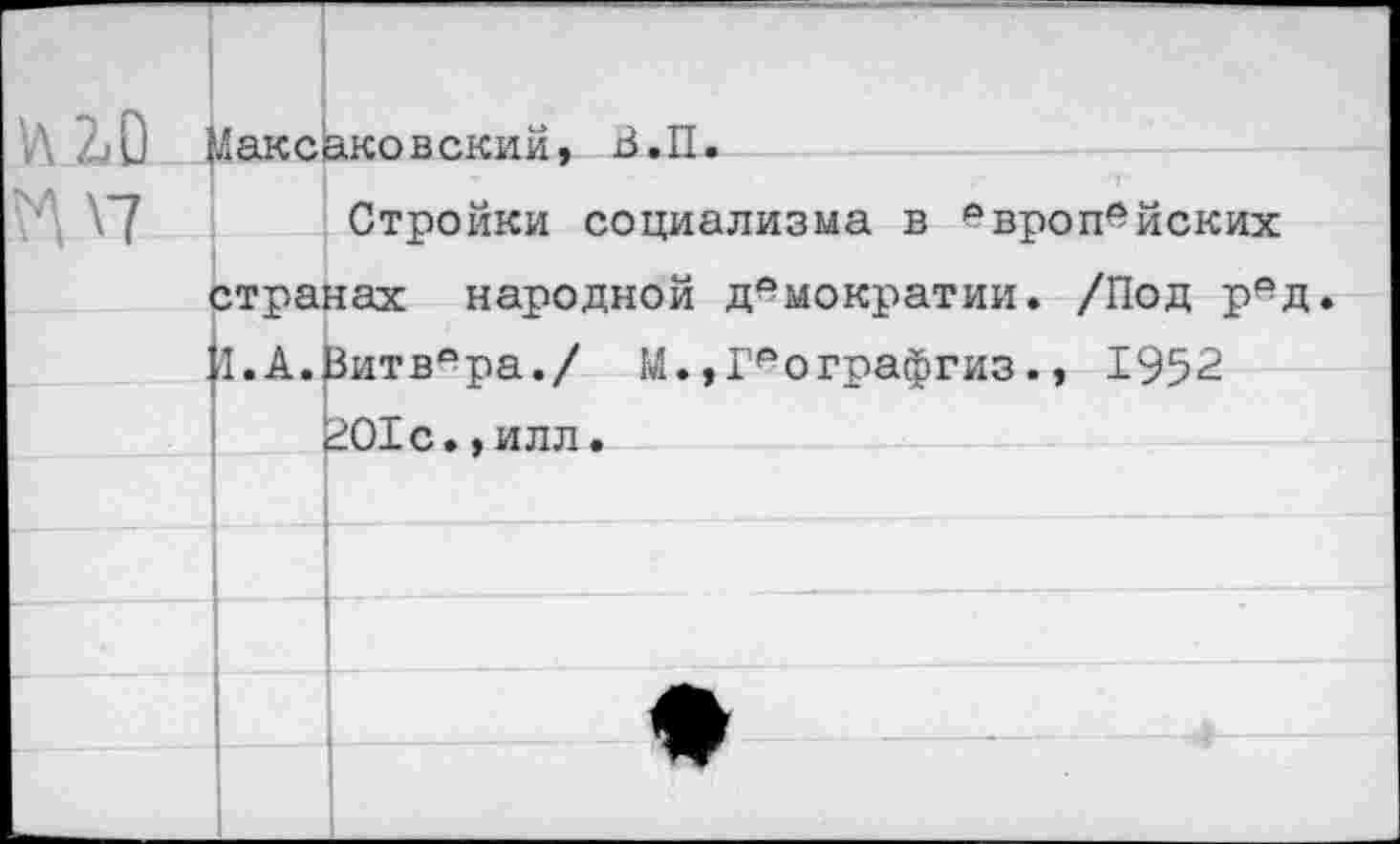 ﻿Максаковский, В.П.
Стройки социализма в Европейских странах народной демократии. /Под ред. И.А.ВитвЕра./ М.,Грографгиз., 1952 201с.,илл.